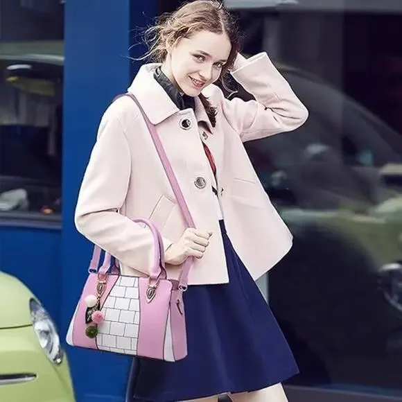 pink plaid fur ball pendant large capacity handbag - Picture 2 of 4